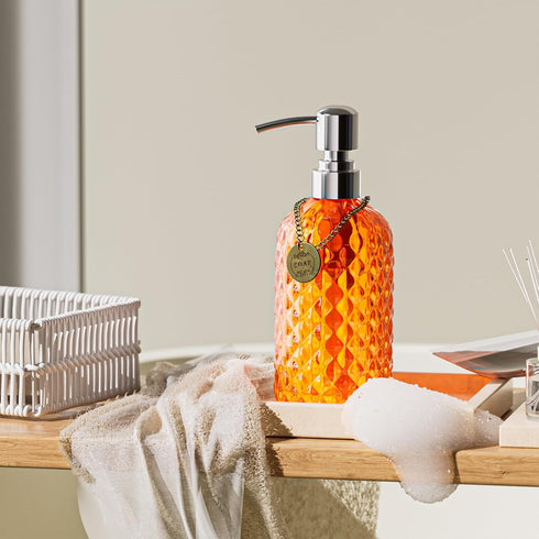 12 oz Diamond Stripe Glass Soap Dispenser, 304 Rust Proof Glass Soap Dispenser, Orange Glass Bottle Soap Dispenser with Pump; Restroom Soap Dispen...