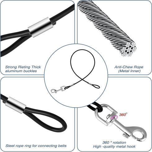 2 Pack Chew Proof Dog Leash Extension Metal Cable Lead, Heavy Duty Leash Non-Tangle Connect Leash for Any Leash & Collar & Harness, Black Dog Leas...
