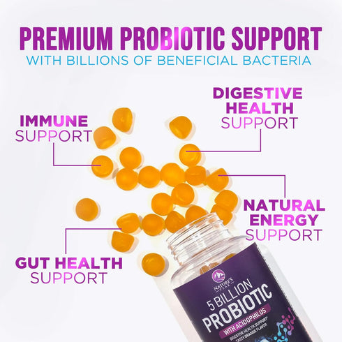 Nature’s Acidophilus Probiotics for Women & Men Gummies, 5 Billion CFU, 6 Strains, Daily Probiotic Supplement Gummy to Support Digestive Health, N...