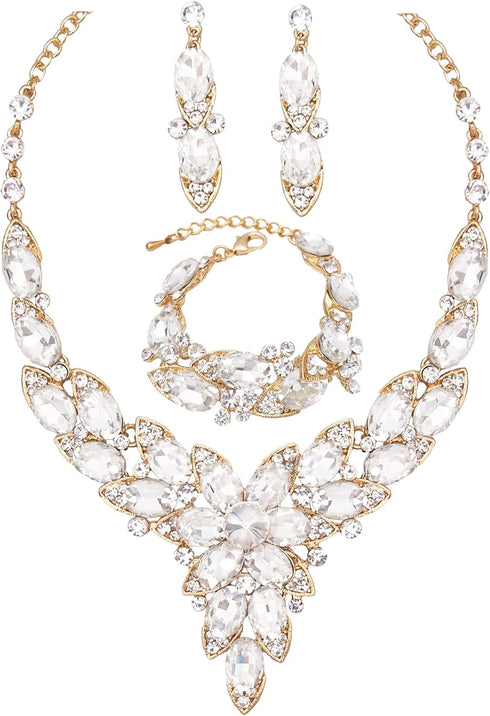 CSY Elegant Crystal Costume Jewelry Sets Flower Leaves Bridal Necklace Earrings Bracelet Set for Bride Bridesmaid Wedding Prom Dress Accessories...