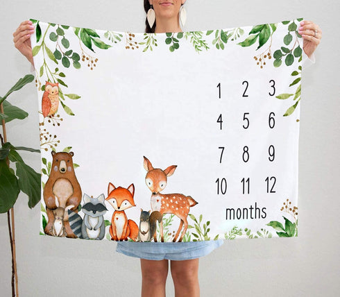 Woodland Animals Baby Milestone Blanket with Birth Stat Sign, Forest Baby Growth Chart Monthly Blanket, Watch Me Grow Woodland Baby Nursery for Ne...