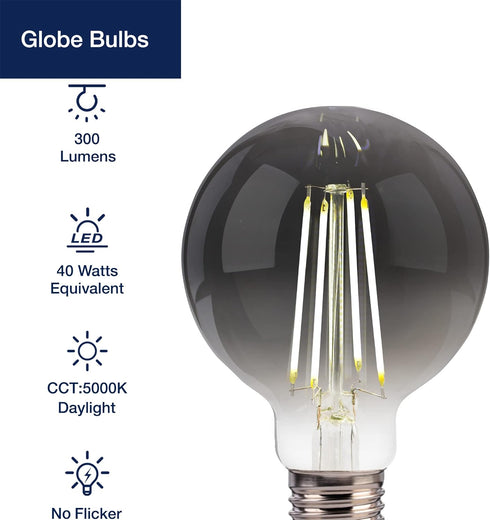 FLSNT Globe LED Edison Bulbs, 5000K Daylight G25 LED Light Bulbs, 4W(40W Equivalent), E26 Base, 300LM, CRI82+, Smoky Grey Glass, 6 Pack...