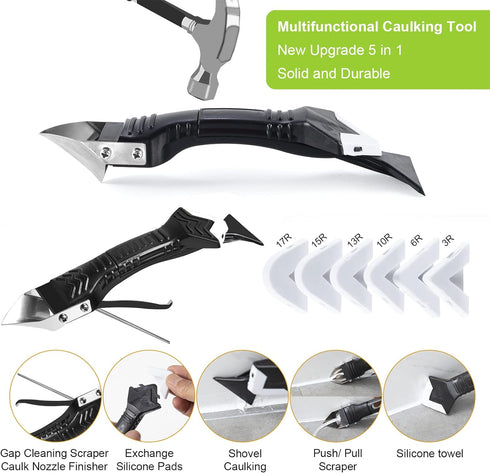 Silicone Caulking Tool, 5 in 1 Caulking Sealant Finishing Tool with Grout Scraper, 6 Exchange Silicone Pads, Adhesive Residue Scraper Seam Repair ...