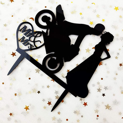 Motorcycle Funny Wedding Cake Topper Mr & Mrs, Bride Groom with Motorbike (Black Acrylic)...
