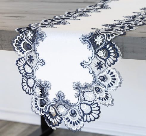 Linens, Art and Things White Navy Blue Jacquard Peacock Tail Lace Dresser Scarf Table Runner Coffee Table Runner (16Wx35L)...