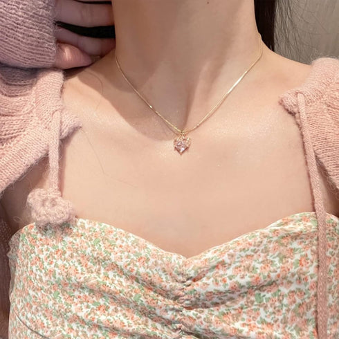 Pink Heart Necklace Earrings Cubic Zirconia Heart Wedding Necklace Earrings Set Bridesmaid Bride Pendant Necklace Earrings for Women(A-Gold,Pink)...