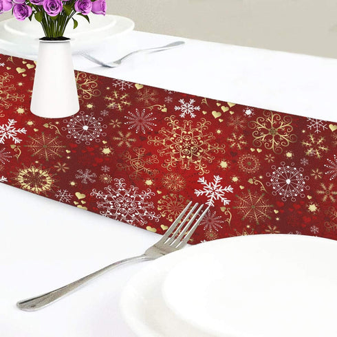 Christmas Winter Snowflake Table Runner 13x90 Inches Double Sided, Luxurious Gold Red Snowflakes Table Runners Cloth Placemats Washable Fabric for...