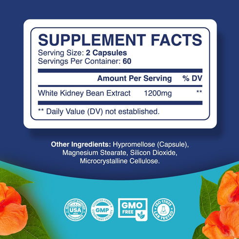 White Kidney Bean Extract Capsules - Ultra High Potency Optimized Extract for Enhanced Energy Digestion and AMPK Activation - Vegan Non-GMO Gluten...