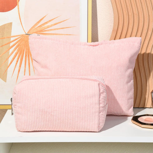 2 Pieces Corduroy Pink Makeup Bag Large Corduroy Cosmetic Bag Capacity Canvas Travel Toiletry Bag Organizer Cute Makeup Brushes Aesthetic Accessor...
