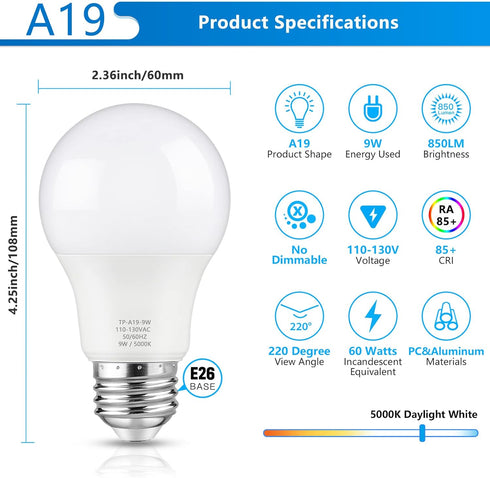 A19 LED Light Bulbs, 60 Watt Equivalent LED Bulb, Daylight White 5000K, 850 Lumen, E26 Base, Non-Dimmable, 9W Bright White LED Bulb, 4-Pack...
