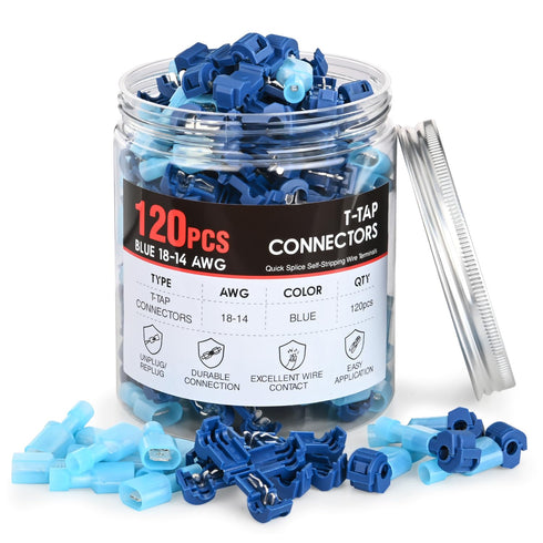 Nilight 120PCS/60 Pairs Quick Splice Disconnect Wire Terminals T-Tap Spade Wire Connectors Bule 16-14 AWG Male Female Fully Insulated Electrical W...