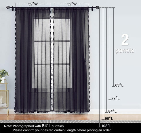 Treatmentex Black Pom Pom Sheer Curtains for Bedroom 63" Linen Texture Decorative Voile Draperies Chic Solid Sheer Curtain Panels for Living Room ...