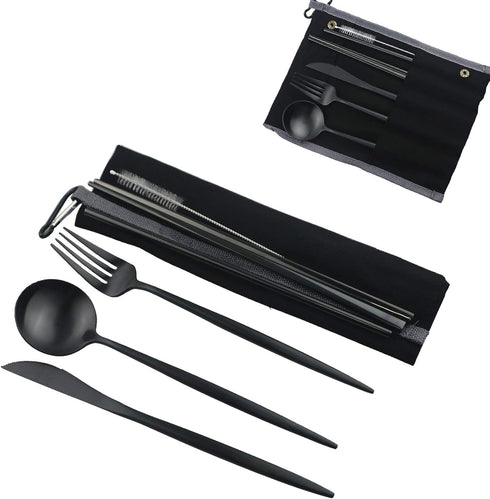 Gugrida Luxury Black Matte Portable 18/10 Stainless Steel Travel Flatware Sets of 7 Portable Camping Cutlery Set, Healthy & Eco-Friendly Flatware ...