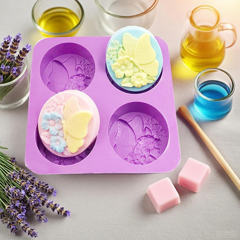 EchoDone 4 Cavities Oval Butterfly Flower Silicone Soap Mold DIY Handmade Silicone Molds for Soap Candle Bath Bomb Lotion Bar Cold Process Making ...