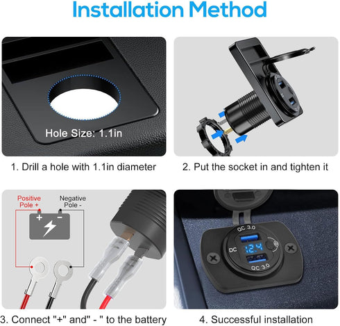 Linkstyle 2PCS 12V USB Outlet, 18W Quick Charge 3.0 Dual USB Power Outlet with ON/Off Switch & Blue LED Voltmeter for Car Boat...