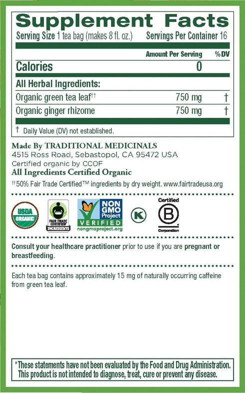 Traditional Medicinals Organic Green Tea Ginger Herbal Tea, Promotes Healthy Digestion, (Pack of 1) - 16 Tea Bags...