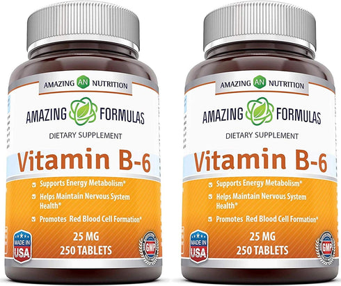 Amazing Formulas Vitamin B6 Pyridoxine 25mg 250 Tablets Supplement | Non-GMO | Gluten Free | Made in USA (2 Pack)...