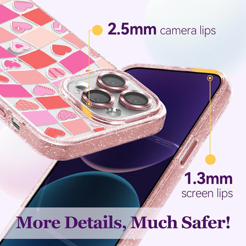 Compatible for iPhone 14 Pro Max Case Cute Aesthetic - Glitter Pink Phone Case with Camera Protector - Girly Love Plaid Cover with Wrist Strap Des...