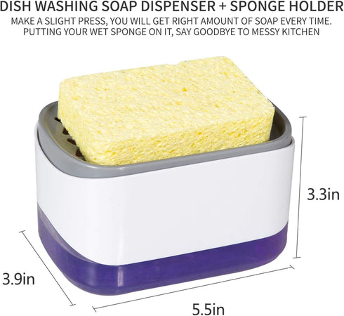 Dish Soap Dispenser for Kitchen, Soap Dispenser and Sponge Holder, Countertop Soap Pump Dispenser, 2-in-1 Soap Dispenser-One Hand Soap Pump Dispen...