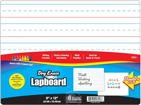 BAZIC Dry Erase Lap Board 9"x12", Double Sided Primary Ruled & Blank, Small Portable Whiteboards for Teacher Home, 1-Pack...
