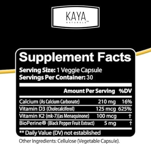 Kaya Naturals Vitamins K2 with D3 5000IU Supplement - Bone and Heart Health Supplement - Vitamin K2 MK-7 Easy to Swallow Supplement - K2 D3 Vitami...