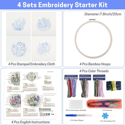 4 Set Embroidery Starter Kit for Beginners, Needlepoint Cross Stitch Kits with Pre-Stamped Flower, Instructions, Bamboo Hoops, Color Threads, Tool...