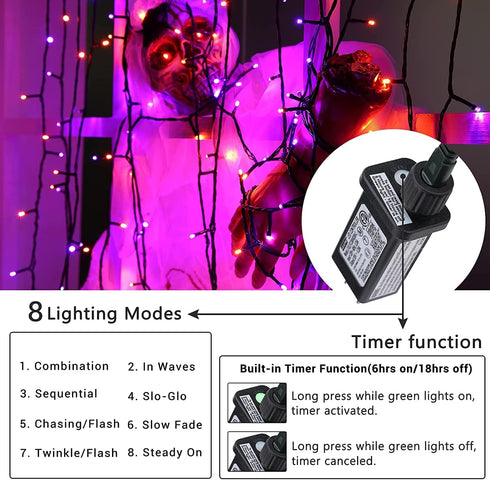 Orange and Purple Halloween Lights, 82ft 200 LED Halloween String Lights with 8 Modes, Waterproof Plug in Orange Purple String Lights for Hallowee...
