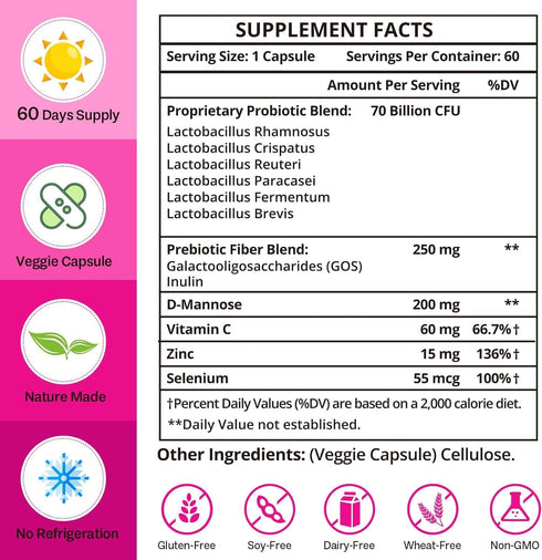Vaginal Probiotics, 70 Billion CFU Probiotics for Women, & prebiotic & D-Mannose, 13-in-1 Womens Probiotic for Vaginal, Urinary, pH Balance, Immun...