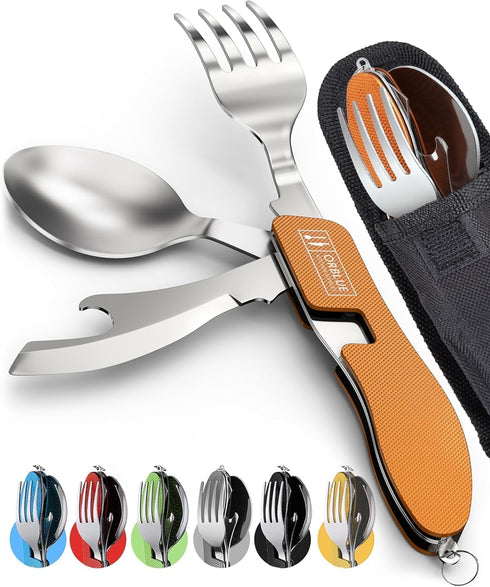 Orblue 4-in-1 Camping Utensils, 2-Pack - Portable Stainless Steel Spoon, Fork, Knife & Bottle Opener Combo Set - Travel, Backpacking Cutlery Multi...