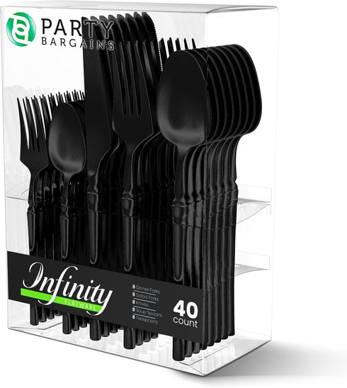 Party Bargains Disposable Plastic Black Cutlery Set, Infinity Modern Design Utensils, 40 Pack: 16 Forks, 8 Knives, 16 Spoons...