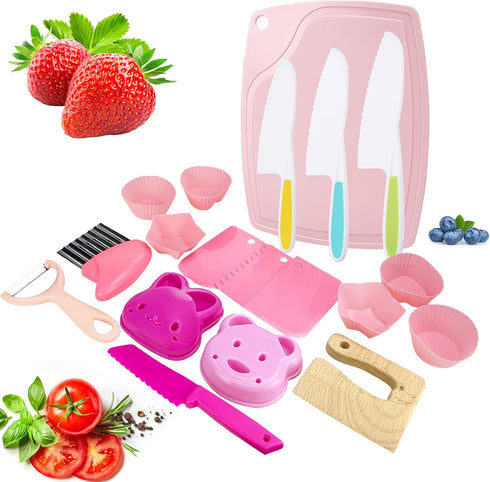 19 PCS Wooden Kids Kitchen Safe Knife Set with Wood Kids Knife, Plastic Potato Slicers, Serrated Edges Plastic Toddler Knife, Cake Scraper, Crinkl...