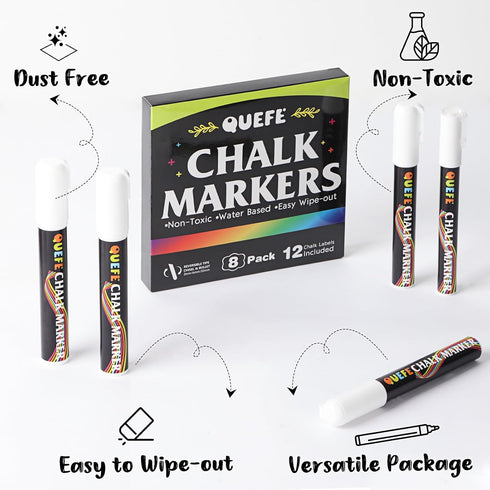 QUEFE 8pcs Chalk Markers, 3mm 6mm 10mm Liquid Chalk Markers Dry Erase Marker Pens for Blackboard, Chalkboard Markers with Reversible Tip and Chalk...