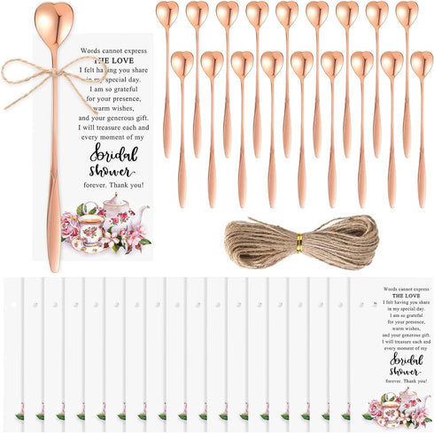 25 Sets Tea Party Bridal Shower Favors Mini Coffee Spoons Small Tea Spoons Heart Shaped Spoon with Bridal Shower Thank You Cards and Hemp Rope Wed...