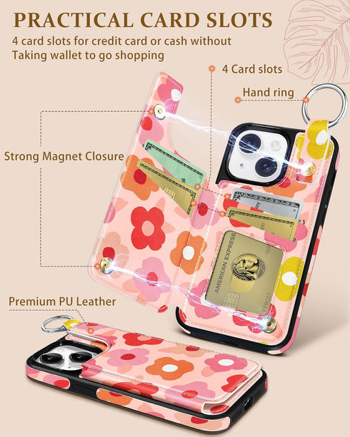 for iPhone 15 plus Wallet Case with Card Holder, Cute Designer Pk Flower Pattern Kickstand Magnetic Clasp Back Flip Folio Leather Cases for iPhone...