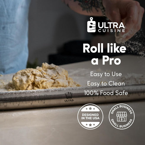 Ultra Cuisine French Rolling Pin for Baking – Tapered Stainless Steel Design with Measurements, Professional or Home Use with Pizza, Cookie, & Pas...