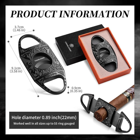 CIGARLOONG Cigar Cutter Black Engraved Stainless Steel Double Blades Cigar Guillotine...