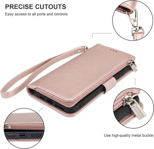 KIHUWEY Compatible with iPhone 12 Pro Max Wallet Case Premium Leather Zipper with Card Holder and Wrist Strap,Kickstand and Protective Lanyard Pur...