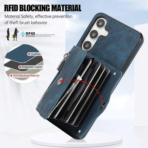 Phone Case for Samsung Galaxy S24 5G Wallet Cover and Tempered Glass Screen Protector with Wrist Crossbody Strap Lanyard Credit Card Holder Stand ...