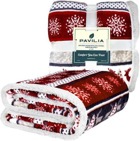 PAVILIA Premium Christmas Sherpa Throw Blanket | Christmas Decoration Reindeers, Fleece, Plush, Warm, Cozy Reversible Microfiber Holiday Blanket 5...