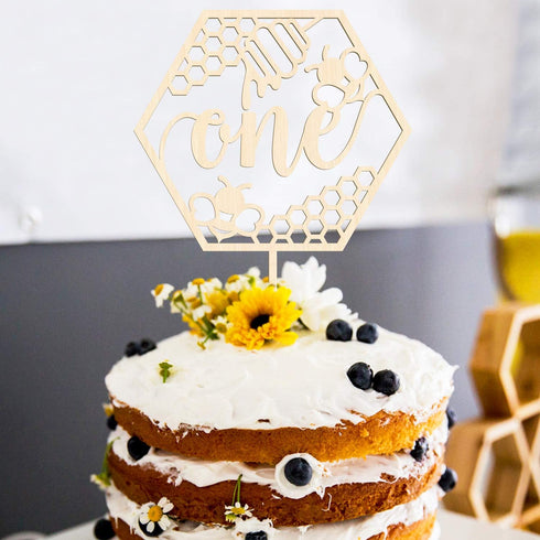Huray Rayho Bumble Bee One Cake Topper for First Birthday 1st Honey Bee Theme Party Decoration Honeycomb Wood Cake Topper Bee Cake Supplies...