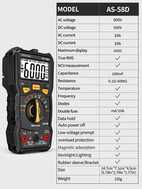 Multimeter Digital Multimeter, 6000 Counts DC AC Voltmeter and Ohm Volt Amp Tester, Auto-Ranging Fast Accurately Measures Voltage Current (DC/AC C...