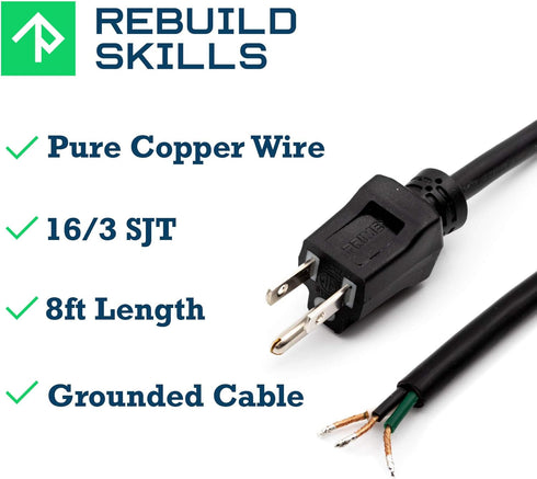 Rebuild Skills Replacement Power Tool Cords for Drills, Sanders, chop saws, Grinders, vacuums, Miter saws, appliances, Motors and Power Tools (8' ...