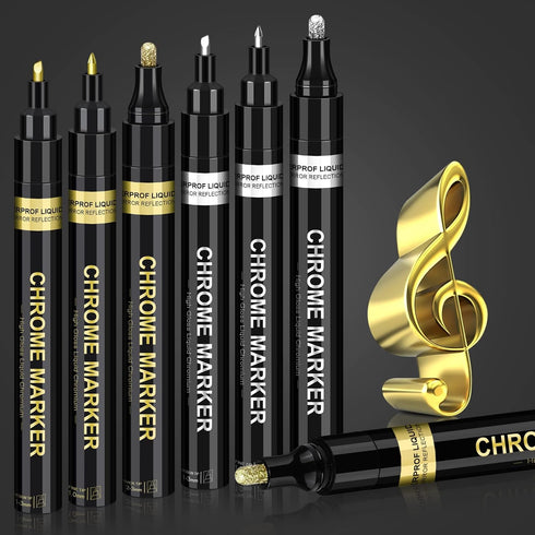6Pcs Oil-based Chrome Mirror Markers - Silver & Gold Permanent Metallic Markers for Model Painting, DIY Projects - Waterproof, Reflective Gloss Pe...