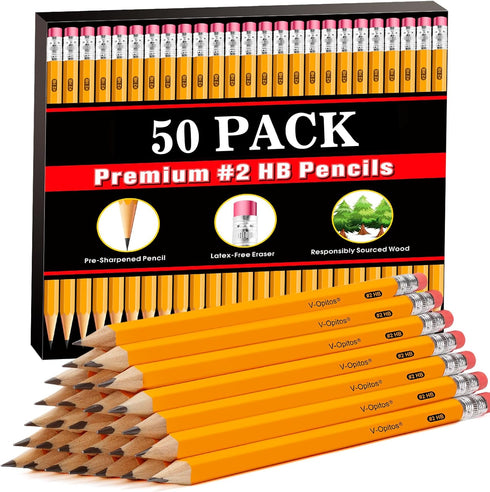 V-Opitos Wood-Cased #2 HB Pencils, 50 Pack Pre-Sharpened Pencils with Top Erasers, Bulk Yellow Pencils for School Teacher Supplies, Writing, Drawi...