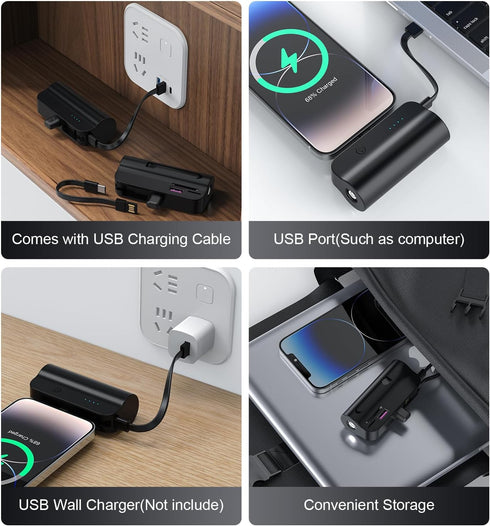 Small Portable Charger with Built-in Plug, 5000mAh Power Bank Battery for iPhone 14/13/12/11/XR/X/SE/8/7/6/ Airpods, with SD/TF Card/USB Flash Dri...