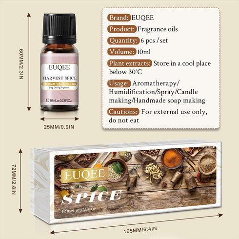 EUQEE - 6pcs Premium Fragrance Oils Spice Gift Set, Sandalwood, Harvest Spice, Gingerbread, Pumpkin Pie, Bay Rum, Snickerdoodle, 10 ML Fragrance O...