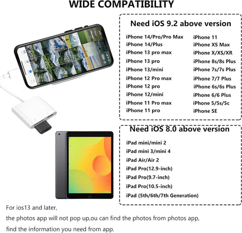 Lightning to USB Camera Adapter with Charging Port for iPhone Portable USB 3.0 Female OTG Cable for iPad to Connect Card Reader USB Flash Drive U ...