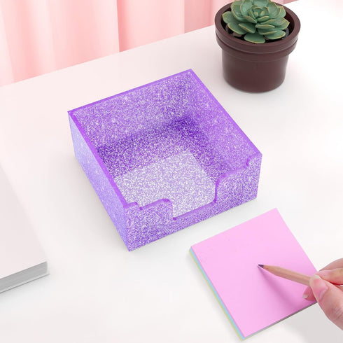 Acrylic Sticky Note Holder, Self Stick Note Pad Holder, 3.94 x 3.94 Inch Glitter Sticky Note Dispenser, Memo Pad Holder Dispenser Organizer for Sc...