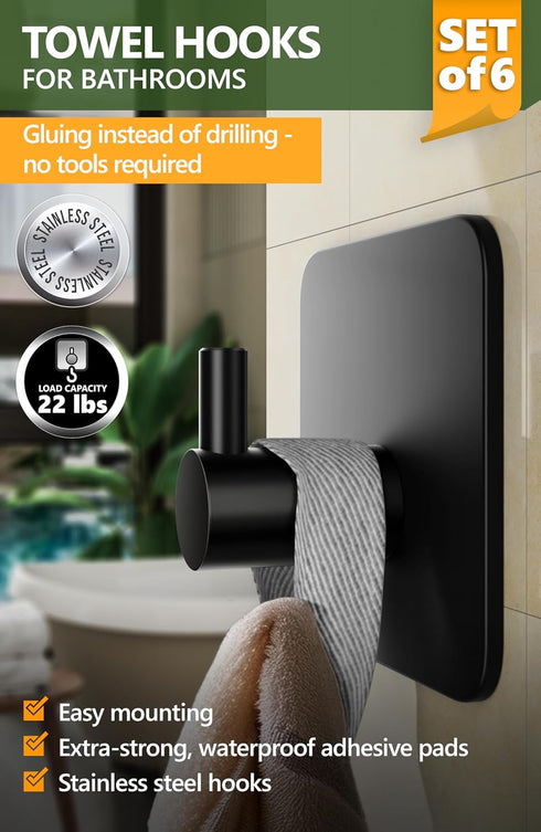 Towel hooks for bathrooms, Set of 6 - Black adhesive hooks, durable adhesive wall hooks - Strong adhesive towel hooks, stick on hooks...