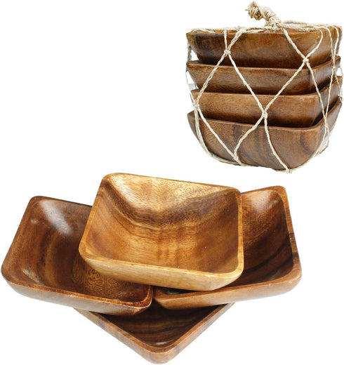 Acacia Handmade Wood Carved Plates - Set of 4 Calabash Bowls Size 4" (Square)...